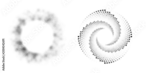 Modern abstract background. Halftone dots in circle form. Spiral logo, icon or design element. Black dots on a white background and white dots on the black side.