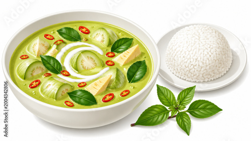 Thai Green Curry with Jasmine Rice – Coconut Milk Curry with Vegetables Vector Illustration