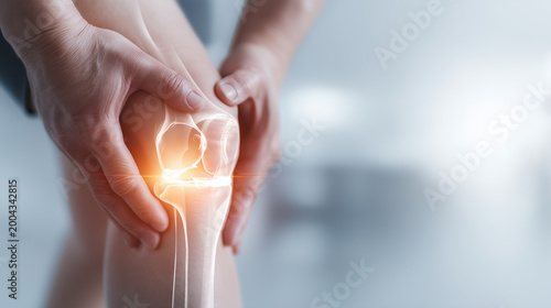 Medical visualization of knee joint with highlighted internal structure and pain area. Concept of orthopedic diagnosis and joint damage.