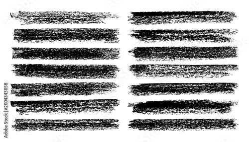 Long grunge brush strokes, lines, ink smudges, hand-drawn scribble shapes. Handmade sketchy marks, stains, charcoal streaks. Paint textures, dry brush effect. Marker underline. Vector illustration