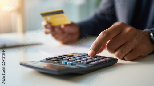 Close up of hand using calculator with credit card. Budget planning, expenses calculation and personal finance management concept.