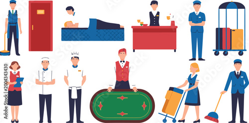 Tableau sur toile Hotel staff people vector illustration set with receptionist bellhop chef and ma
