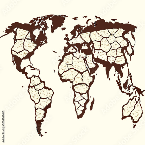 World map silhouette with cracked earth texture on white background