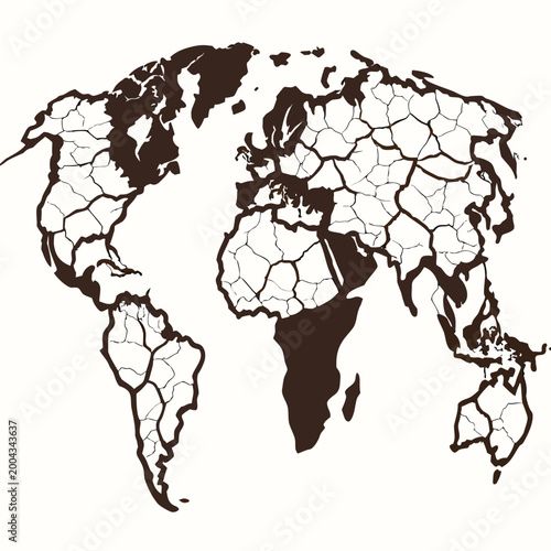 World map with cracked soil texture continents illustration on white background