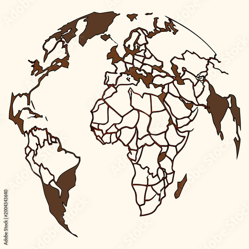 World map illustration created from cracked earth texture brown and beige