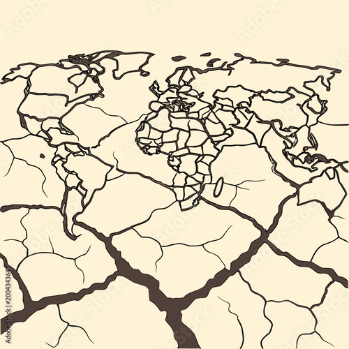 World map illustration with cracked earth texture and beige background