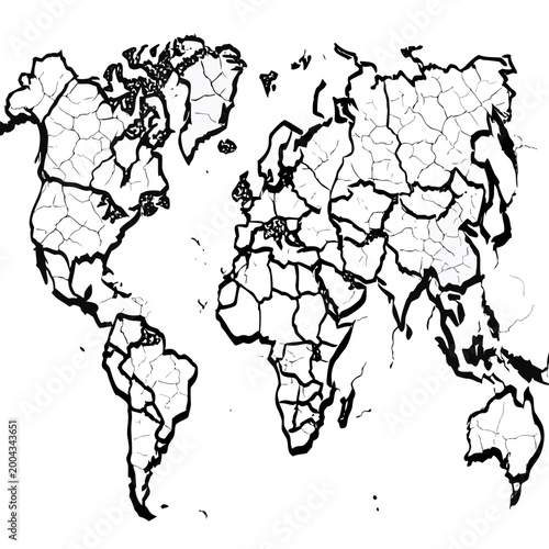 World map illustration with cracked earth texture and black outline