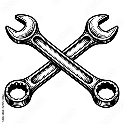 Two crossed wrenches with open ends on a white background