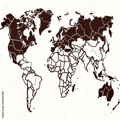 world map illustration with cracked earth texture on white background