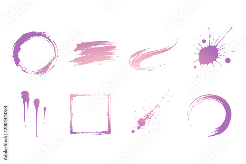 set of eight abstract watercolor ink brush strokes and splashes in soft purple gradient vector