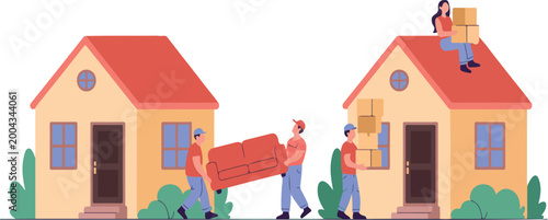 Photography Professional movers team transporting furniture and packed boxes during house re
