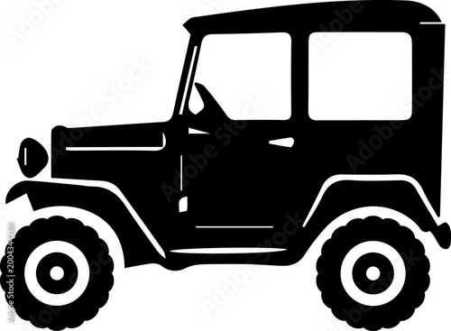 Vintage car silhouette in clean vector style, isolated on white background. Classic retro automobile with simple bold shapes.