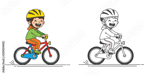Happy boy riding a bicycle with safety helmet and coloring book page outline set, vector illustration of child cycling for outdoor leisure activity and sports education