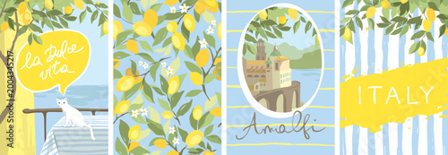 Summer trip to Italy. Funny postcards with lemons, a white cat and a view of the town of Amalfi. Summer and Mediterranean themed design set. Hand drawn vector illustration in watercolor style.