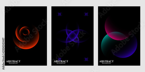 Fényképezés Vibrant abstract art triptych with glowing shapes on black background