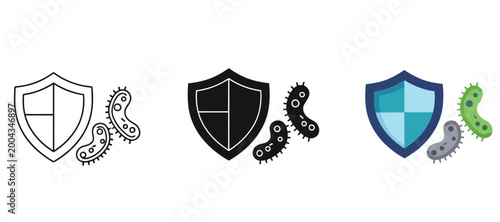 Shield protecting from bacteria and virus icons set immune system protection, antibacterial and antiviral defense vector illustration