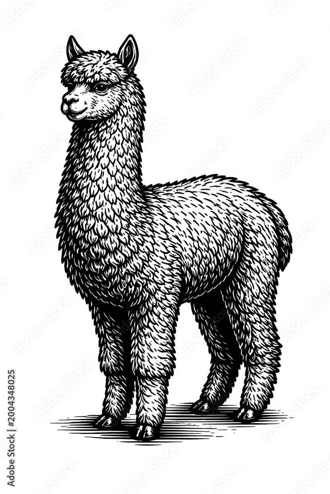 Fototapeta premium Detailed black and white illustration of an alpaca standing on a plain background looking to the left