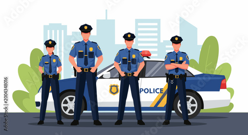 Photos Four Police Officers Standing Proudly in Front of a Police Car, Vector Illustrat