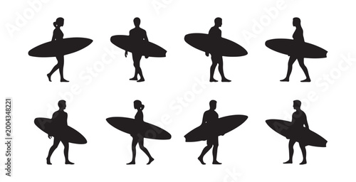 Set of surfers walking with surfboards for beach lifestyle, summer vacation, ocean sports, and travel design projects.
