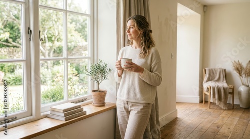 Woman holding a mug of coffee looking out a window at a garden