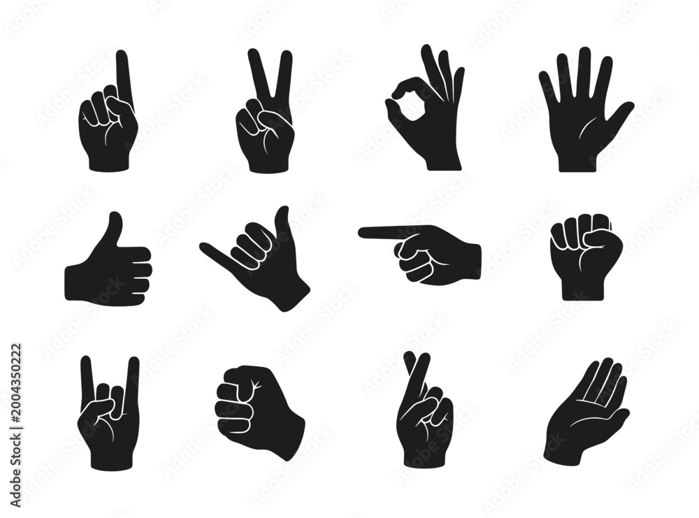 Fototapeta premium Black hand silhouette icons collection in cartoon style. Set of hand gestures black silhouettes isolated