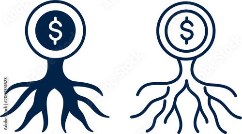 Coin tree roots. Financial growth minimalist icon set
