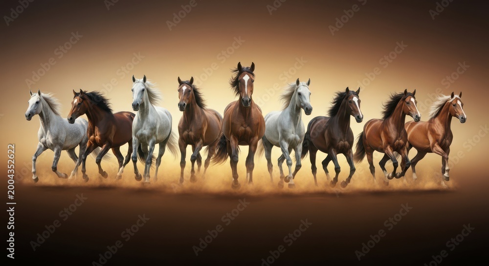Fototapeta premium seven galloping horses in golden sunset light with motion blur and warm atmosphere