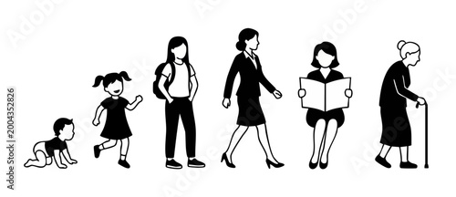 Fotografie Human life cycle stages silhouette, aging process from baby to elderly woman, gr