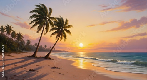 Tropical beach at sunset with palm trees leaning over the sand and gentle waves rolling in under a warm golden sky with soft clouds and sun reflection
