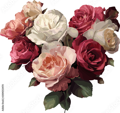 Elegant rose bouquet on black background, romantic pink and white floral arrangement, vintage style illustration for wedding, love and luxury design