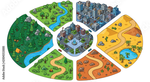 Isometric world map infographic, diverse ecosystem biomes and urban landscape vector, desert forest and city environment collection for game design