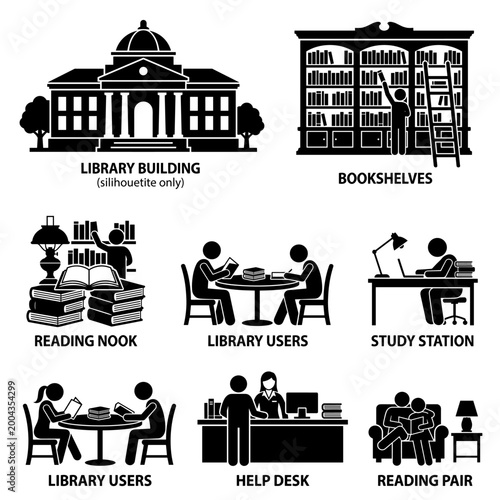 black and white vector silhouette set of library