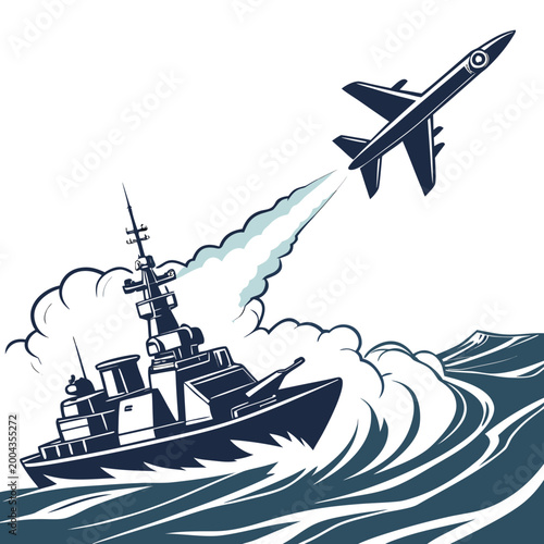 Schilderij op canvas Naval warship firing missile with ocean waves vintage style illustration