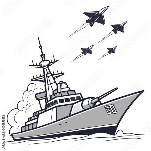 Quadro em tela warship with missile launch and fighter jets vector illustration high quality