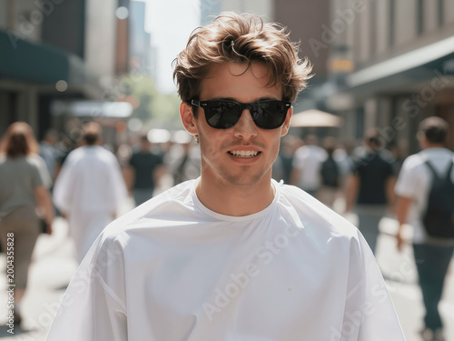 A man in a white shirt and black sunglasses smiles while walking down the street.