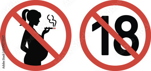 Cigarette packaging warning icon set, health warning vector icons featuring no smoking during pregnancy symbol and 18 plus restriction sign for tobacco label design.