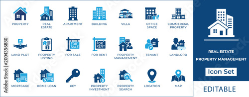 Foto Real estate and property management icon set featuring apartment, villa, commercial building, mortgage, home loan, tenant, landlord, land plot, for sale, and rental symbols