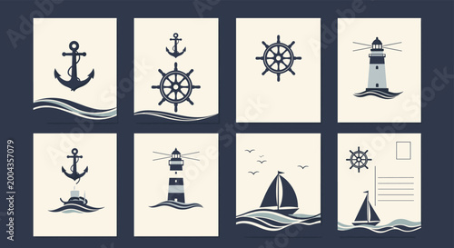 Collection of minimal nautical themed cards featuring maritime icons like anchors lighthouses steering wheels and sailing ships on waves.