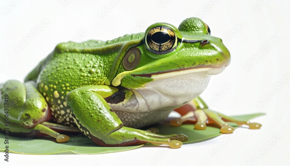 Obraz premium Green Frog Sitting on Leaf Closeup.