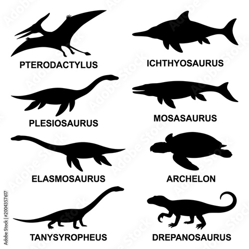 black and white vector silhouette set of extinct reptiles