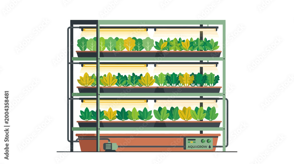Fototapeta premium Hydroponic Vertical Farming System Illustration with LED Grow Lights and Green Leafy Vegetables on Racks for Indoor Agriculture