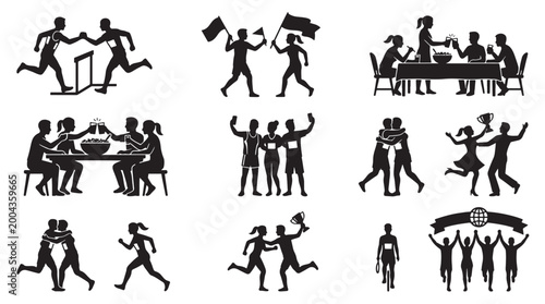 Foto Olympic Village Friendship Moments Silhouettes Set Pack, Editable Vector Stroke Illustration