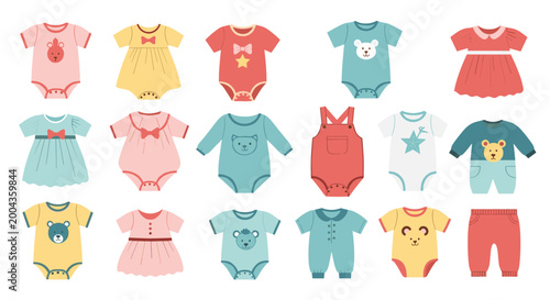 Large assortment of cute baby clothing including onesies, dresses, rompers, and pants in various colors and patterns.
