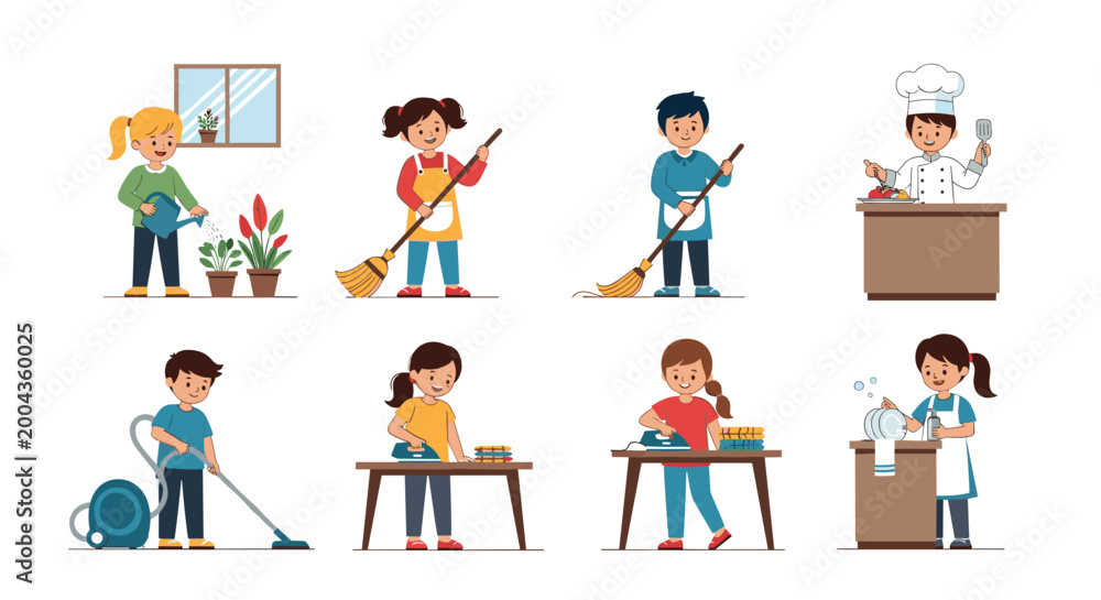 Fototapeta premium Children engaged in various household chores including watering plants, sweeping, cooking, vacuuming, ironing, and washing dishes.