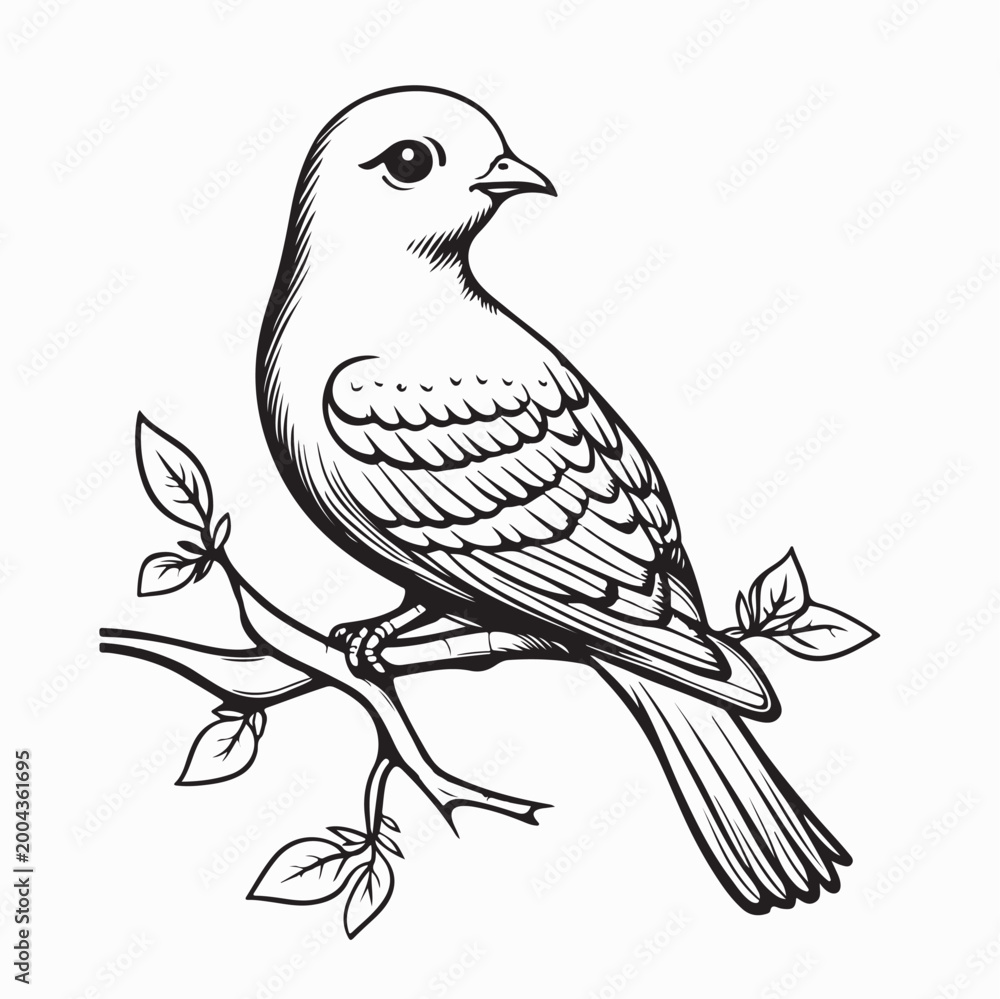 Fototapeta premium Adorable Cartoon Dove Sitting on a Branch Mascot Design On white Background
