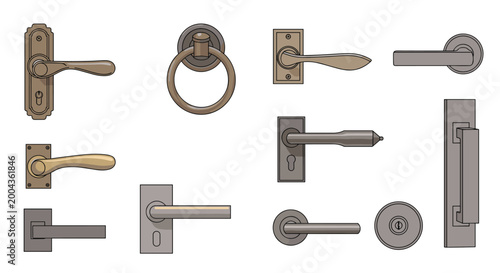 Extensive collection of various styles of metal door handles, knobs, and levers in antique brass and modern silver finishes.