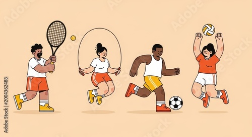 Diverse group of people engages in various physical sports activities.
