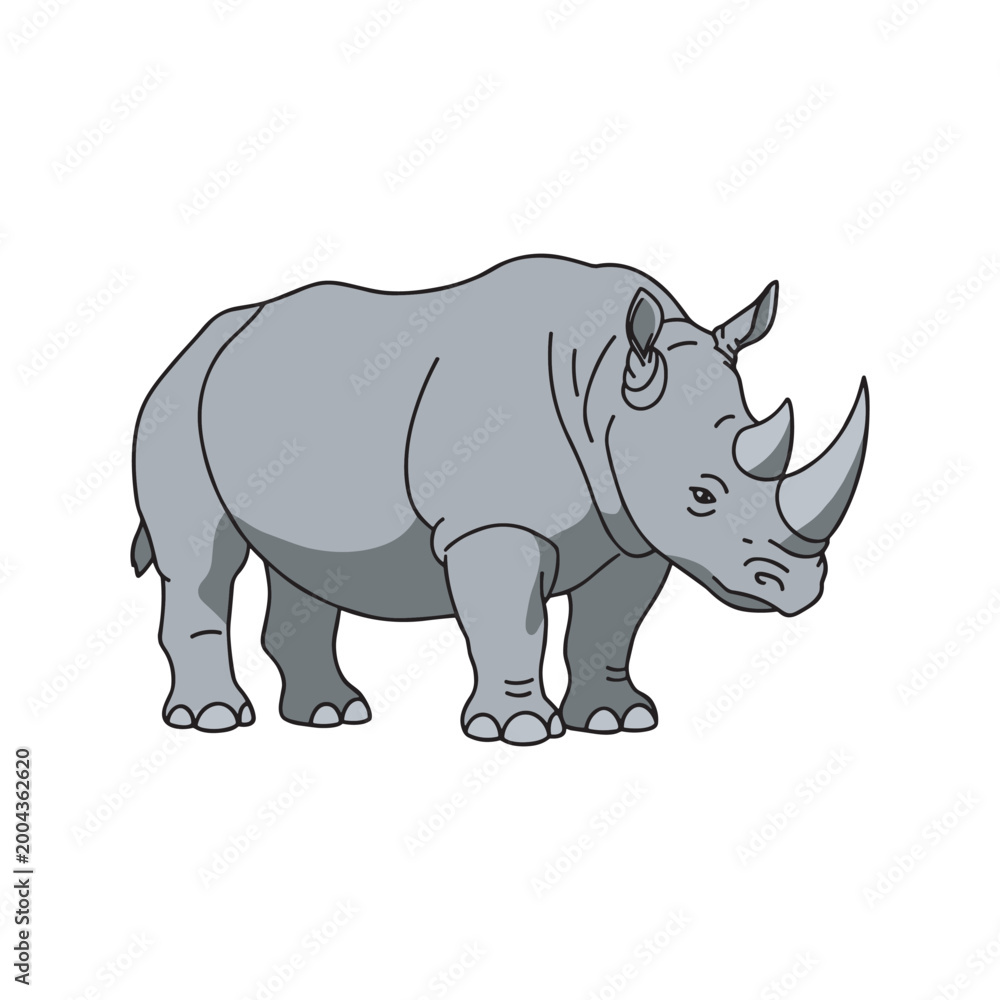 Fototapeta premium Detailed rhinoceros cartoon illustration in flat vector style, isolated background, featuring a strong gray rhino with large horns