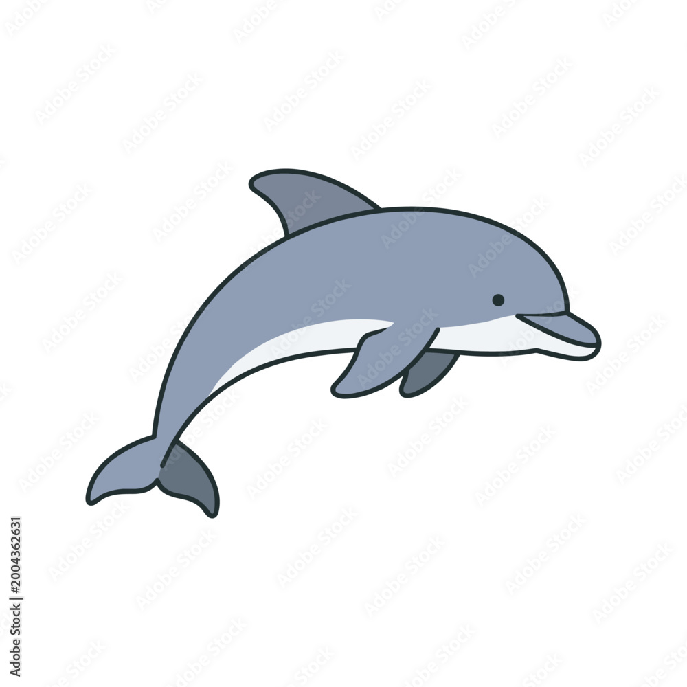 Fototapeta premium Cute dolphin cartoon illustration in flat vector style, isolated background, featuring a jumping gray dolphin with smooth curves