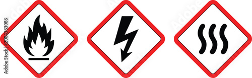 Free Download Set of three industrial hazard warning signs featuring fire flame high voltage lightning bolt and hot surface steam icons in diamonds. - GFXLoad